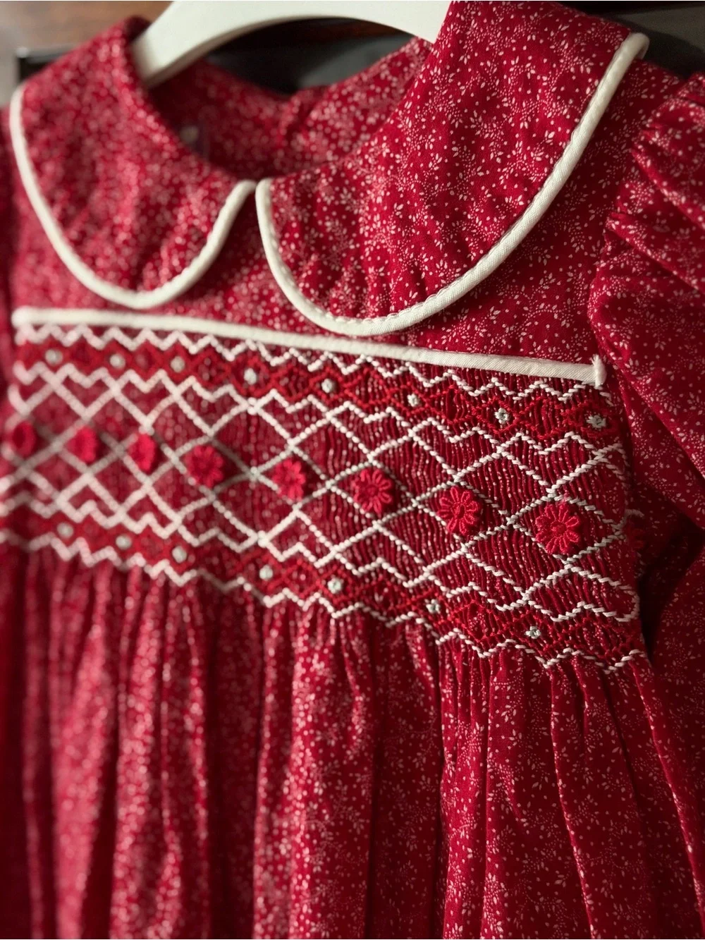 Handmade Red Smocked Peter Pan Collar Girls Dress